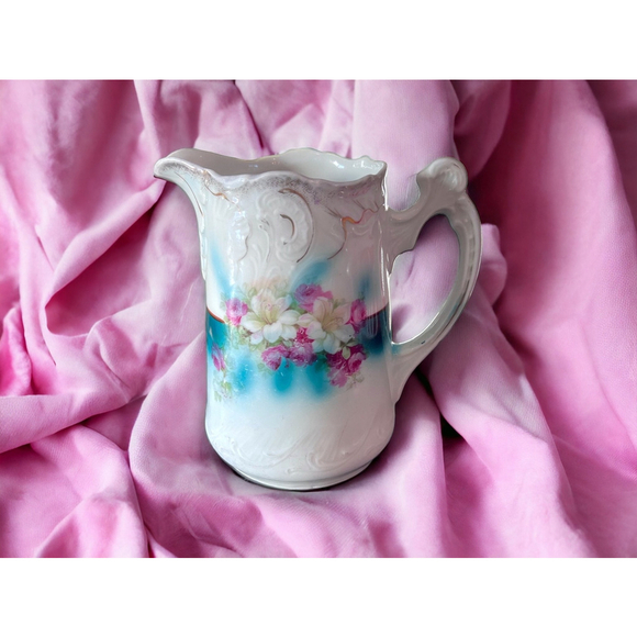 Other - Shabby Chic Floral Pitcher White and Teal Vintage Pitcher Otnate Antique Pitcher